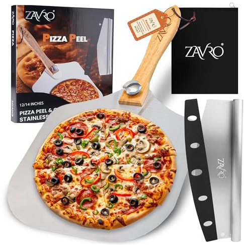Zavro Aluminum Pizza Peel 12-Inch & Stainless Steel Rocker Cutter– Lightweight Pizza Paddle(12x 14)With Foldable Wooden Handle, Storage Bag Included for Family Pizza Oven Baking Pizza, Bread & Dough