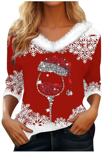 Générique Pull pour Femme de Noël D'hiver – Pull Haut Sans Capuche, élégant Col en V, Velours Doux, Maille Rouge, Père Noël, Drôle, Sweat à Manches Longues