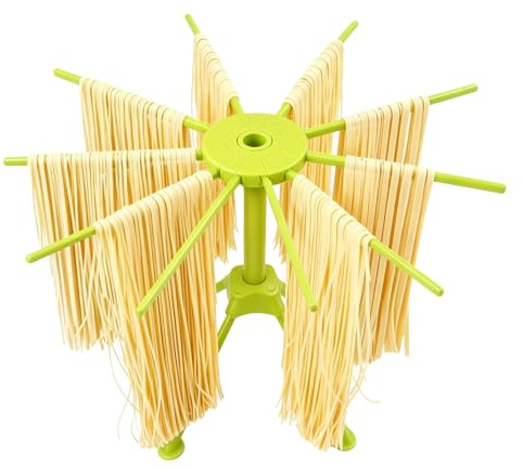 Skdqiee Foldable Pasta Drying Rack, 10 Arm Household Spaghetti Noodle Tree Stander Hanger, Food-Safe Plastic with Non-Slip Stable Base, Easy Assembly, Space-Saving, Green, 16.57 x 16.57 x 11.02 in