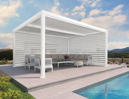 PURPLE LEAF Pergola Bioclimatica 4,8 x 3,68 m Pergola Alluminio con Tende Avvolgitore su entrambi i lati Gazebo Giardino Lame Orientabili Pergole Giardino Esterno, 1 Lato Lungo e 1 Lato Corto, Bianco