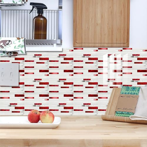 Klebefliesen Weißes Rotes Rechteck Mosaikfliesen Pvc Fliesenaufkleber Boden Klebefliesen Küche Bad Fliesensticker Wasserdicht Fliesenaufkleber Selbstklebende Fliesen Folie Tile Sticker 20x20cm/10 Pcs