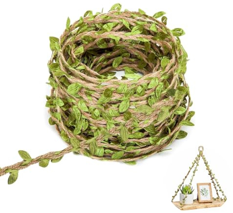 20m Natural Garden Twine with Artificial Green Leaves, Decorative Rope Jute String for Crafts, Gift Wrapping, Wedding and Home Decor