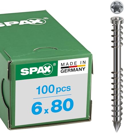 SPAX Terrassenschraube aus Edelstahl rostfrei A4, 6,0 x 80 mm, 100 Stück, T-STAR plus, Zylinderkopf, Fixiergewinde, CUT-Spitze, 0538000600803