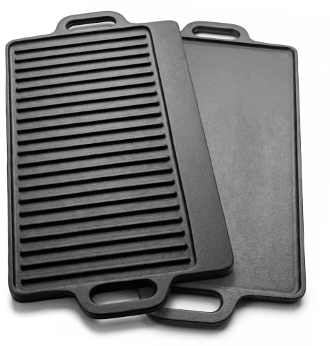 Cast Iron Griddle Plate for Gas Hob, Pre-Seasoned Reversible Cast Iron Griddle Pan, Rectangular Plate Grooved to Drain Fats for Healthy Food Large Grill Pan & Steak Pan 50 Cm X 23 Cm