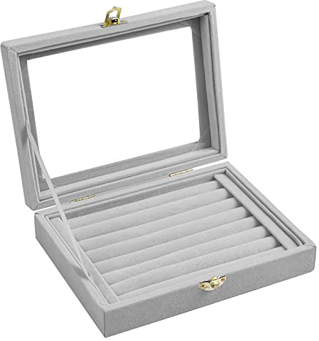 Pinsheng 7-Slot Scatola Portagioie in Velluto, Cofanetto Portagioie per Donne Ragazze con Chiusura Chiavi, Cofanetto Portagioie per Collana Bracciali Orecchini Anelli(Grigio)