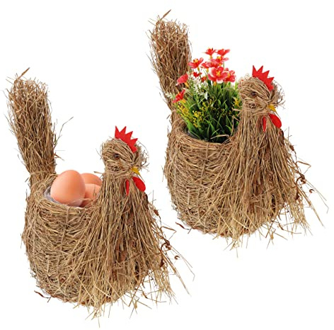 Relaxdays Huhn Blumentopf, 2er Set, Strohfigur zum Bepflanzen, handgefertigt, Eierkorb, Deko Henne für innen, Natur