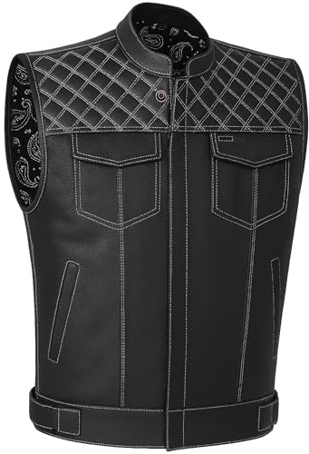 Jackets 4 Bikes SOA Men's Motorcycle Vest, Geniune Buffalo Leather, Back Armor, Inside Pockets, Motorbike Riding Club Vests Paisley White XL