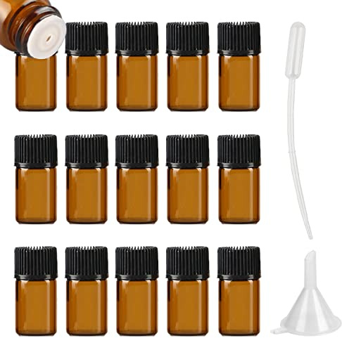 ZEOABSY 20 Stück Kleine Leer 2ml Braunglas Flasche mit Öffnungsreduzierer, Braun Tropfflasche mit Schwarz Schraubverschluss Glasflaschen für Ätherisches Öle Essenzen Aromatherapie