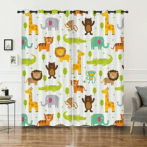 HOSIMA Waldtier Vorhänge Blickdicht Gardinen Mit Ösen,2-Set 117x138cm Elefant Giraffe Löwe Drucken Leichte & weiche Verdunklungsvorhänge für Kinderzimmer Jugendzimmer(Waldtier2 117x138cm)