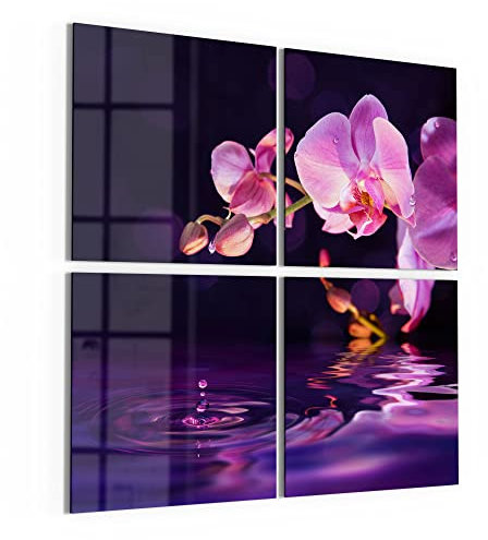 DEQORI Lot de 4 tableaux en verre véritable - Motif « branche de fleurs d'orchidée » - Carré - 4 pièces - 100 x 100 cm - Grande décoration XXL - Décoration murale moderne pour salon, chambre à