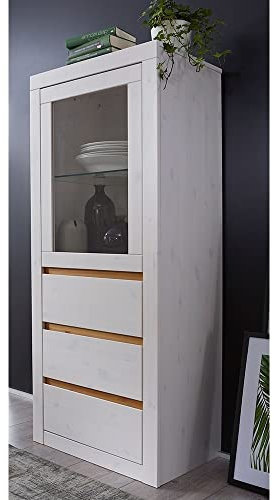 Lomadox Highboard Schrank Vitrine Standvitrine Vitrinenschrank Massivholz Kiefer massiv Weiss weiß 3 Schubkästen 61,5x150x42 cm