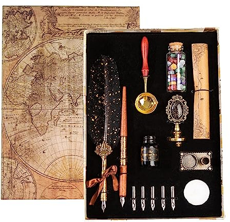 Joyeee Set di penne e inchiostro per calligrafia, con kit di timbri per sigillo, inchiostro per penna in bottiglia, timbro in metallo, buste, carta da lettere, regalo di festa per famiglia, amici