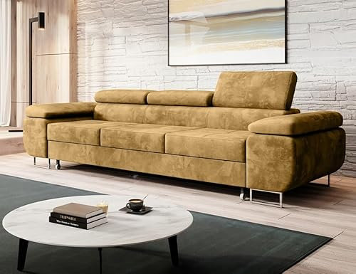 Easy4You Schlafsofa Norberg - 279 cm - Velour Senf - 3 Sitzer Sofa - Werstellbare Kopfstützen - Couch mit Schlaffunktion - Stoff: Monolith M-48