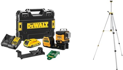 DeWalt, DᴇWalt, DCE089D1G, QW Laser 3 Linee 360° XR Litio 10,8V, 2,0Ah, Giallo/Nero, Raggio Verde & DE0881T-XJ 1/4-20 Alum Tripod