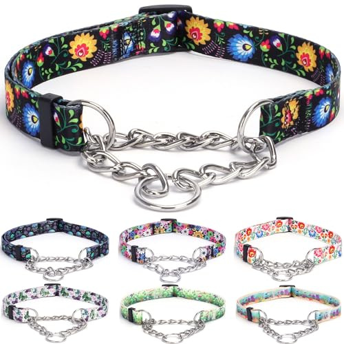 haoyueer Martingale Hundehalsband, Edelstahlkette, kein Ziehen, Trainingshalsband mit Blumen-Design für große, mittelgroße und kleine Hunde (S, Schwarz)