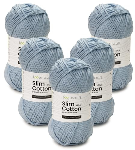 Slim Cotton Plus 5er-Set, Babyblau, Loopncraft, 5 X 100g, Amigurumi Baumwolle Garn, Recycling Garn