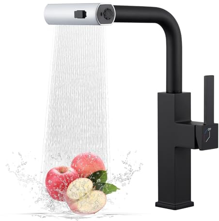 Wasserfall Wasserhahn Küche, BUNTHAUS Küchenarmatur mit Brause Ausziehbar, Mischbatterie Küche mit 3 Strahlarten, 360° Schwenkbar Spültischarmatur Einhebelmischer, Abnehmbarer Belüfter, Schwarz Matt