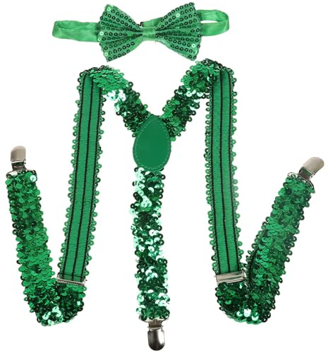 NiceYnn Sequin Braces and Dickie Bow Tie Set for Women Men/Big Boys Girls, Pre-tied Shiny Tuxedo Bowties, Adjustable Y Back Suspenders for Party Halloween Thanksgiving Christmas New Year