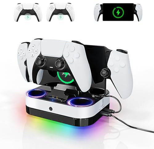 Estación de Carga para PS Portal y Mando PS5, Cargador Portátil con Efecto de luz RGB para PS Portal Remote Player, Carga Rápida 3 en 1 Cargador para Playstaiton 5 con Cable y Indicador LED
