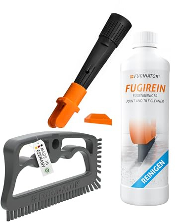 FUGINATOR® Trio mit Fugenbürste in grau/grau, EU-Adapter & Fugenreingier 250 ml – Fugenreinigung im Stehen für Fliesen, WC, Bad etc. Geeignet für Silikon Fugen. Bürste mit harten Borsten