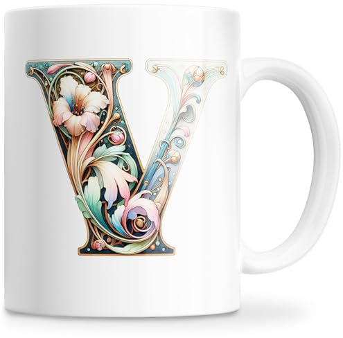 Cheerset Tasse avec Lettre et Initiale – Tasse à Café Alphabet Personnalisé avec Motif Floral – Tasse Personnalisé Mug Cadeau pour Femme, Maman, Dame, Amie – Cadeau Anniversaire, Fête des Mères (V)