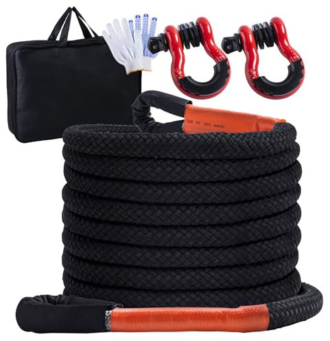 CHANGEMOORE 21 Tonnen (48,000 Lbs) Abschleppseil Set mit 2X D-Ring Schäkel & Handschuhen – 9m x 2,5cm Doppelt Geflochtenes Nylonseil Abschleppseil Pkw für Offroad, LKW, Traktor, UTV, ATV, Auto