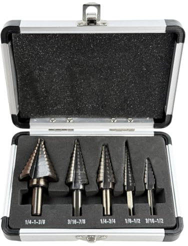 Juego de 5 brocas escalonadas multifunción, brocas escalonadas de cono con carcasa de aluminio, brocas cónicas de eje triangular de acero HSS para bricolaje, plástico, madera y metal