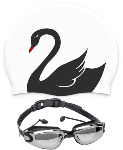 2 PCS Bonnets Dessin animé de Bain Mignons Enfants,Lunettes de Natation,Bonnet de Bain en Silicone,Lunette Piscine Elliptique,Bean Bonnet Piscine,pour Garçon Fille Cheveux Long Courts (Cygne)