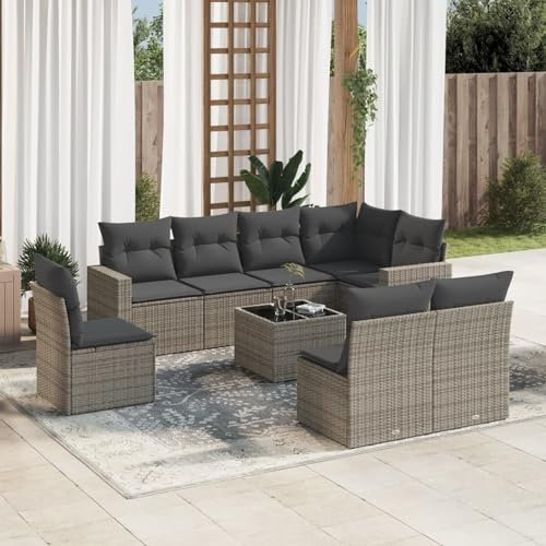 Brokky 9-TLG. Garten-Sofagarnitur mit Kissen LoungemöBel Balkon Patio Furniture Gartengarnitur Set Grau Poly Rattan / 3219070