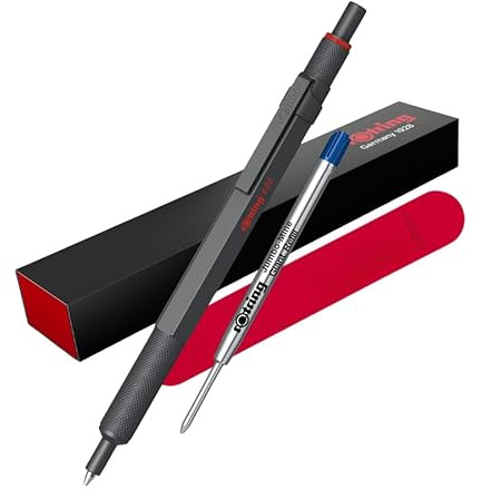 rOtring 600 Kugelschreiber & Samtetui, mittlere Spitze, schwarze Tinte, Ganzmetall-Körperstift, dunkler Stein, rutschfester gerändelter Griff und sechseckiger Schaft, nachfüllbar, Set mit extra blauer