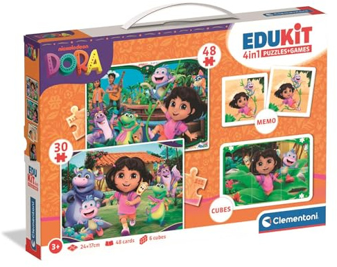 Clementoni Edukit 4 in 1 Dora - Spielesammlung für Vorschulkinder ab 3 Jahren - Inkl. 2 Puzzles, Memo-Spiel & Würfelpuzzle, 18209