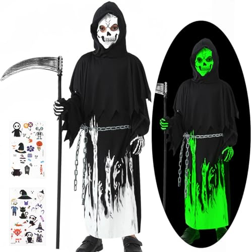 HUKUMA Halloween Costume Bambino,Costumi Halloween Bambini,Costume da Tristo Mietitore con Fosforescente Maschera,Guanti, Falce,Catena,Tatuaggi