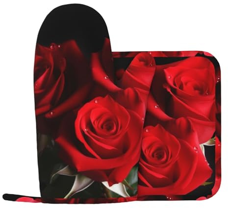 Lot de 2 maniques et maniques en silicone résistant à la chaleur - Motif roses rouges