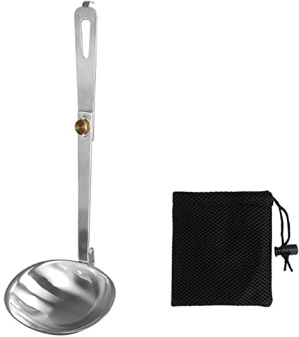 Cucharón grande de acero inoxidable para acampar, cuchara de sopa con mango plegable para cocinar salsas, camping, plegable, acero inoxidable, utensilios de cocina portátiles, camping