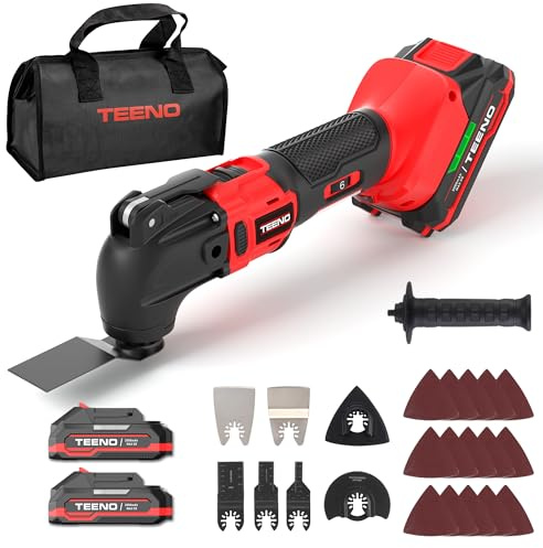 TEENO Akku-Multifunktionswerkzeug 20V, Oszillationswerkzeug mit 2 * 2.0AH Akku und Ladegerät, 8500-21000RPM, 4 ° Oszillationswinkel, 6 Geschwindigkeit, 25 Zubehör, zum Schneiden, Polieren, Sägen usw