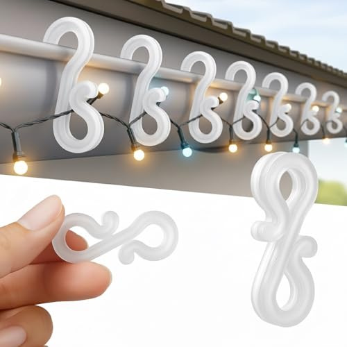 EWS PRODUCTS Lot de 200 crochets de gouttière pour lumières de Noël, crochets réutilisables en plastique pour lumières extérieures, blanc