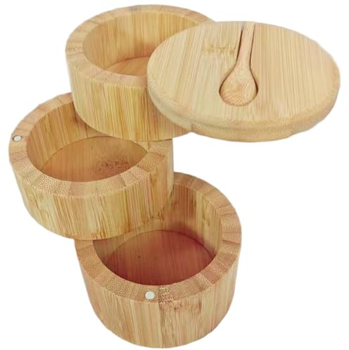 Peosaard Salt Cellar with Lid and Spoon, Salt Cellar, 3-Tier Wooden Container with Built in Spoon and Magnetic Swivel Lid, Eco-Friendly Practical Small Wooden Box for Keeping Herbs, Containers