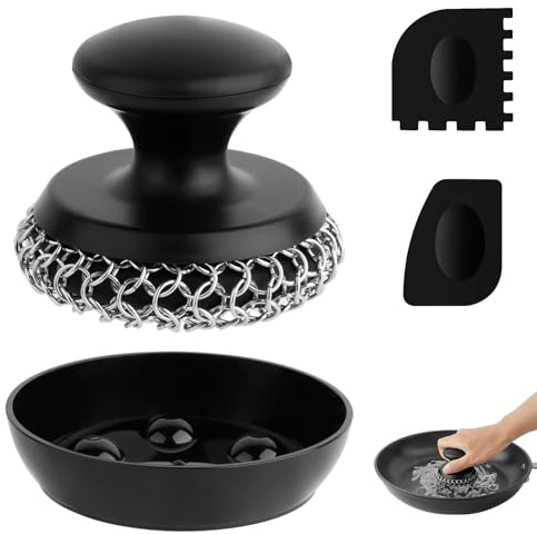 OITUGG Chainmail Scrubber 1 pcs, with 2 pcs Scraper and Small Tray, Chain Mail Scrub for Cleaning Cast Iron Pan, Skillet, Pot, Griddle, Cookware ect (Coarse Chainmail, 1 pcs)