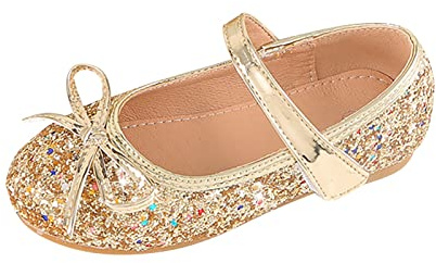 Flickor prinsesskor: Glitterskor Glitter Mary Janes skor platta dansskor med fjäril klädskor balett lägenheter lätta kvällsskor med kardborrband flickskor, Guld, 35 EU