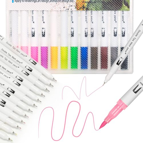 VINATO Feutres Double Pointe 12 Couleurs, Lavables - Pour Dessin, Lettering, Bullet Journal et Coloriage pour Adultes, Marqueurs à l'Eau à Pointe Fine et Pointe Pinceau
