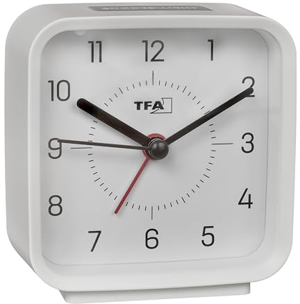 TFA Dostmann 60.1044 - Despertador analógico (Funciona con Pilas, Incluye Reloj de Cuarzo, sin tictac, para Dormitorio, salón, Cocina, con función de repetición, Incluye luz de Fondo), Color Blanco y