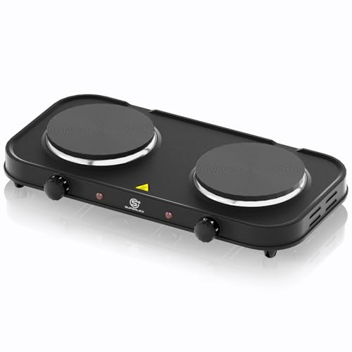 SUPERLEX Double Hot Plate Electric Hob, 2000W Portable Table Top Hob with 2 Ring Heating Plates, Cast Iron Burners for Camping Travel Home Use, Dual Temperature Control, Compact & Lightweight