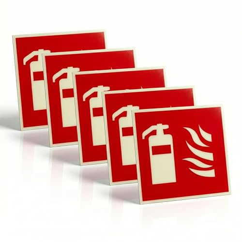 XAQAMY Pack de 5 Señales Extintor 15x15cm, Aluminio 2mm | Pack de 5 señales de seguridad adhesivas en aluminio macizo. Pictograma resistente a los rayos UV para almacenes.