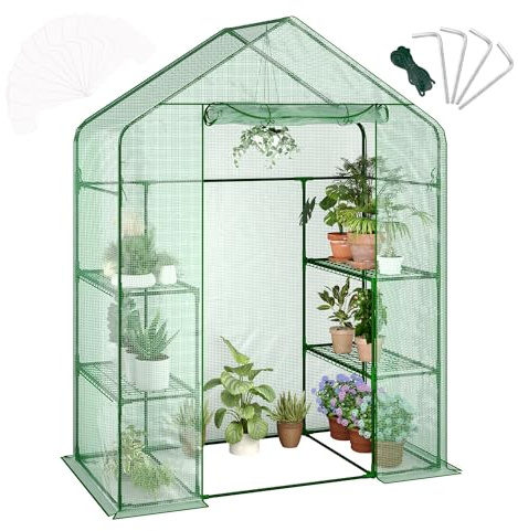 Garvee Serra da Giardino Walk-in 143x73x195 cm, Mini Serra per Piante Con 4 Scaffali in Metallo, Copertura in PE Rinforzato 140G, Impermeabile e Anti-UV, per Balcone, Terrazzo e Orto