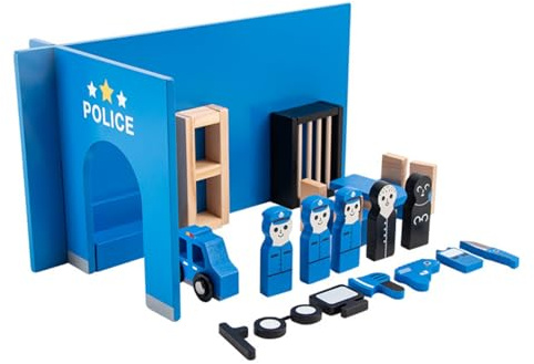 Amagogo Children Role Play Police Wooden Police Station Playset Role Toy With Figures Toy Car Handcuffs Computer Megaphone Beech MDF suitable for early education indoor family activities