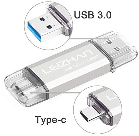 leizhan 128GB USB 3.0 Flash Drive Thumb Drives Jump Drive USB Memory Stick Type-C/USB-A 2 in 1 - Silver