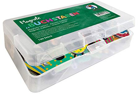 Ursus 43100099 - Magnete Buchstaben, 100 Stück in einer Plastikdose, in verschiedenen Designs und Größen von 1,5 -4 ,4 cm, mit Klein und Großbuchstaben, ideal als Geschenk für die Einschuluung