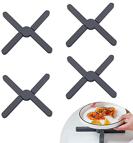 EXLECO 4 Stücke Silikon Topfuntersetzer Hitzebeständig, Topf Untersetzer Zusammenklappbar, Topflappen Hitzeschutz, Heißer Topf Halter, Untersetzer für Töpfe, Heiße Pfannen, Schalen (Schwarz)