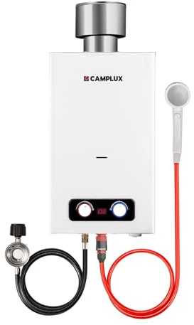 CAMPLUX 2.64 GPM Portable Tankless Water Heater, Outdoor Propane Water Heater with 4.33 S/S Rain Cap, for Camping, Cabin, Windproof Design, 68,000 BTU, BD264C