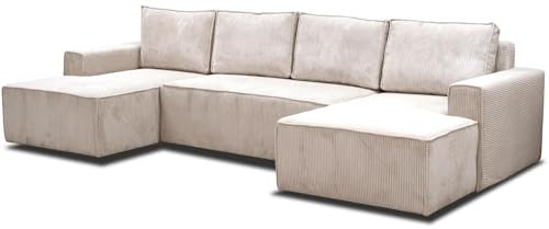 Beautysofa - Ecksofa mit Schlaffunktion - Sofa mit praktischer Aufbewahrungsbox - Sofa aus geripptem Veloursstoff POSO - Relaxsofa für das Wohnzimmer - 310x147x88cm - Beige (Poso100)